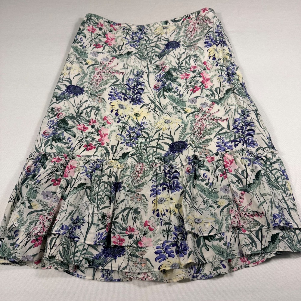 Ann Taylor Loft Skirt 6 White Floral‎ 100% Silk Tiered Ruffle Botanical